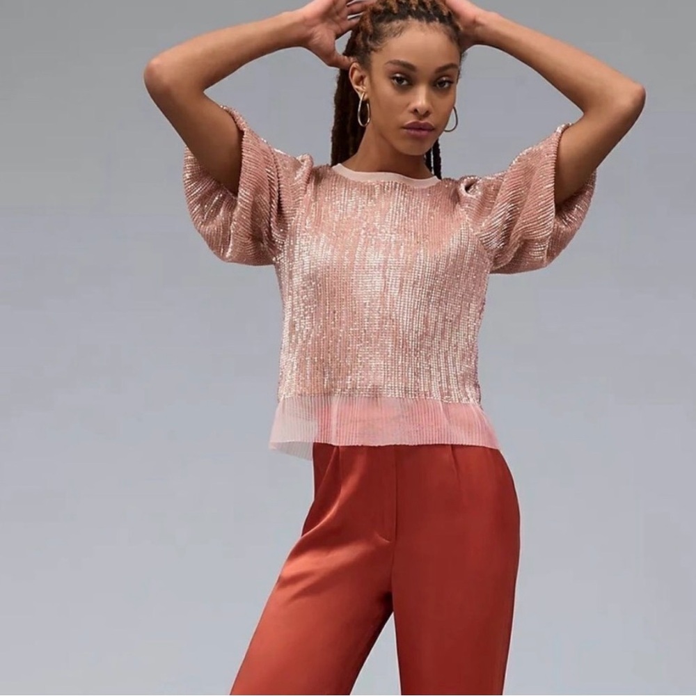 Anthropologie Sarah Hann Sequined Puff-Sleeve Top